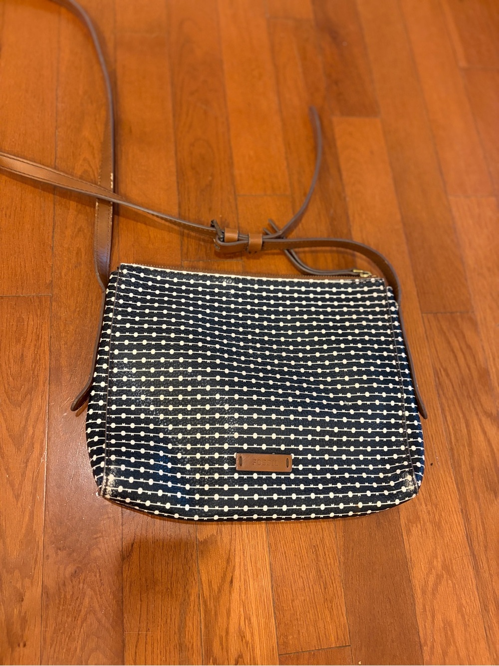 Fossil White and White Patterned Crossbody with Brown Strap